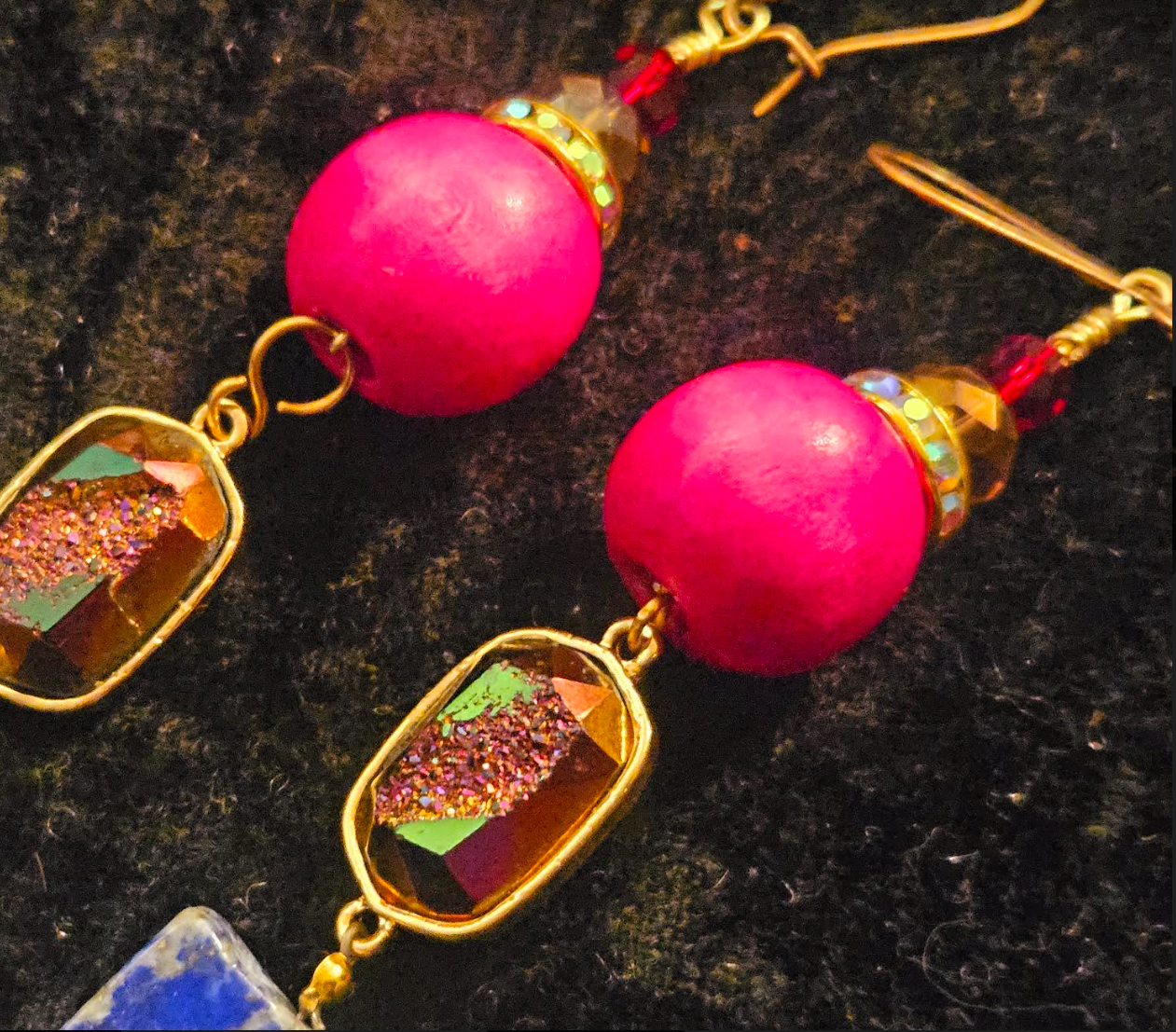 Lapis Lazuli Druzy & Hot Pink Ball Long Dangle Pierced Earrings - Shoulder Duster Gemstone Earrings - Kat Kouture Jewelry