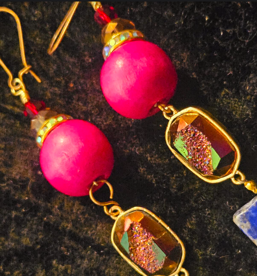 Lapis Lazuli Druzy & Hot Pink Ball Long Dangle Pierced Earrings - Shoulder Duster Gemstone Earrings - Kat Kouture Jewelry