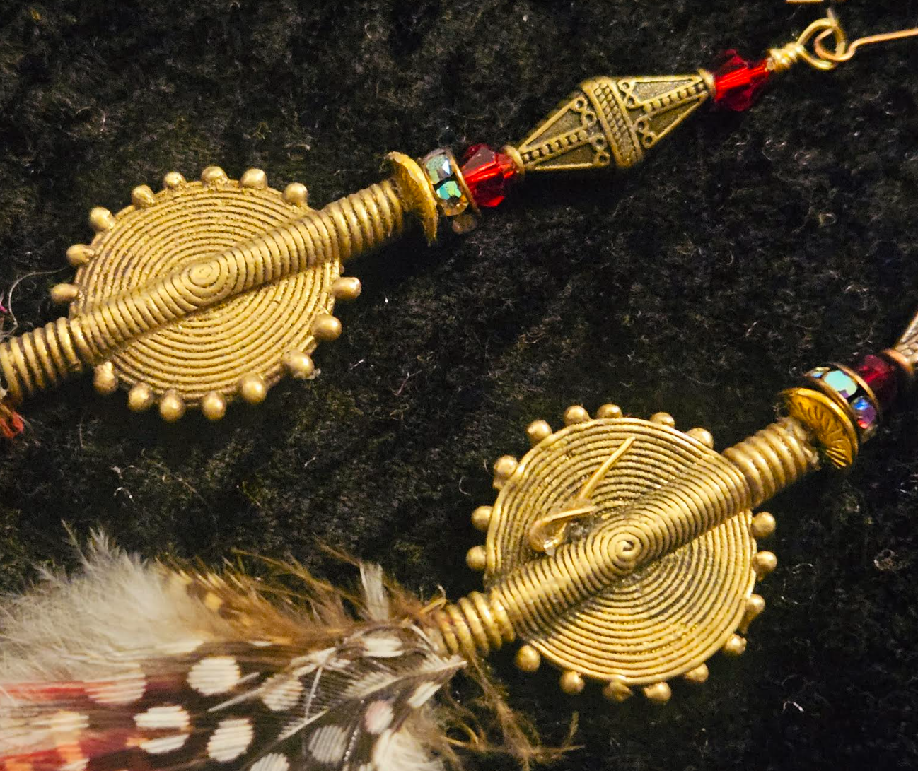 African Lost Wax Brass & Feather Shoulder Duster Pierced Earrings - Exotic Wild Tribal Dangle Earrings - Kat Kouture Jewelry