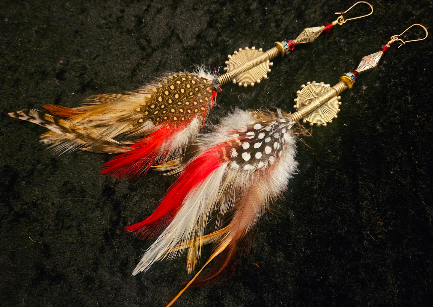 African Lost Wax Brass & Feather Shoulder Duster Pierced Earrings - Exotic Wild Tribal Dangle Earrings - Kat Kouture Jewelry