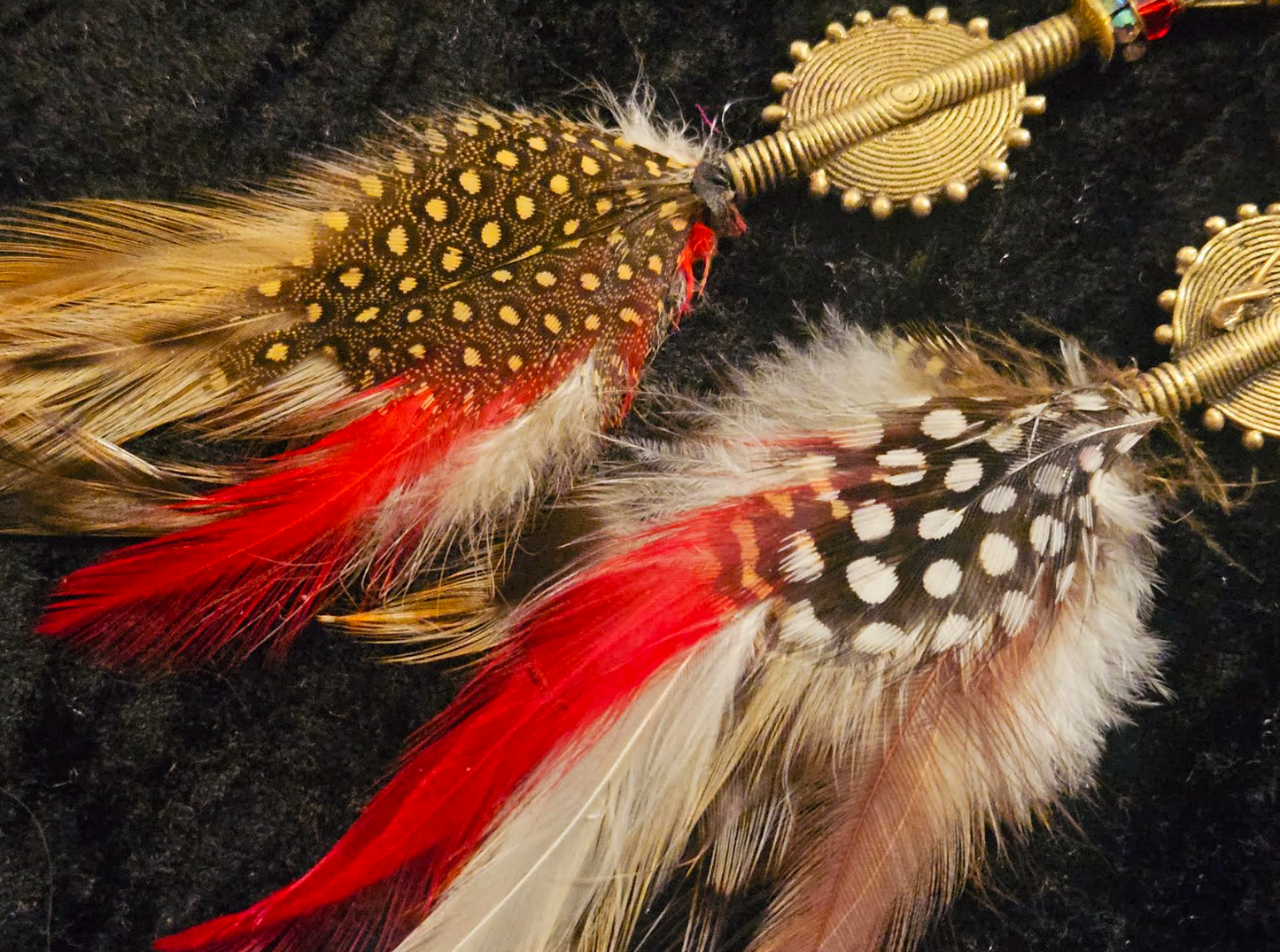 African Lost Wax Brass & Feather Shoulder Duster Pierced Earrings - Exotic Wild Tribal Dangle Earrings - Kat Kouture Jewelry