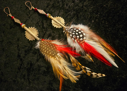 African Lost Wax Brass & Feather Shoulder Duster Pierced Earrings - Exotic Wild Tribal Dangle Earrings - Kat Kouture Jewelry