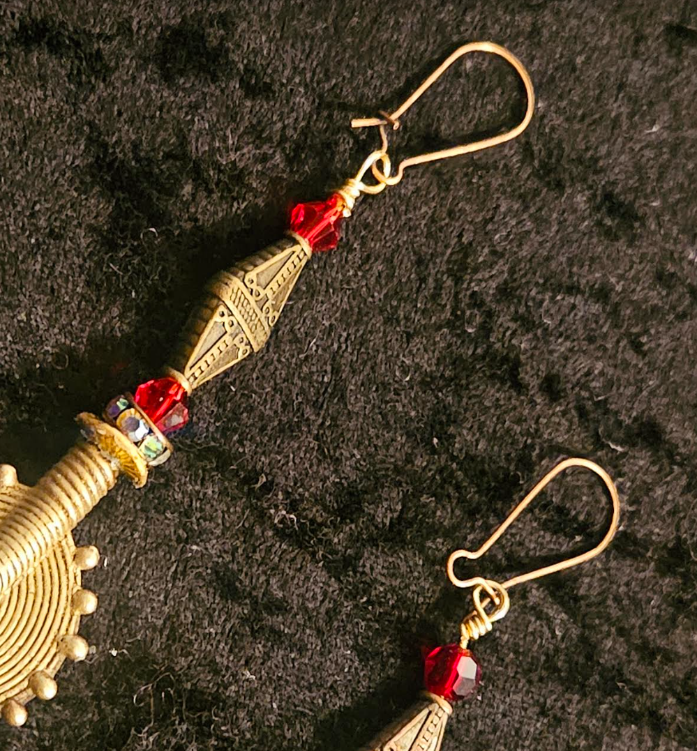 African Lost Wax Brass & Feather Shoulder Duster Pierced Earrings - Exotic Wild Tribal Dangle Earrings - Kat Kouture Jewelry