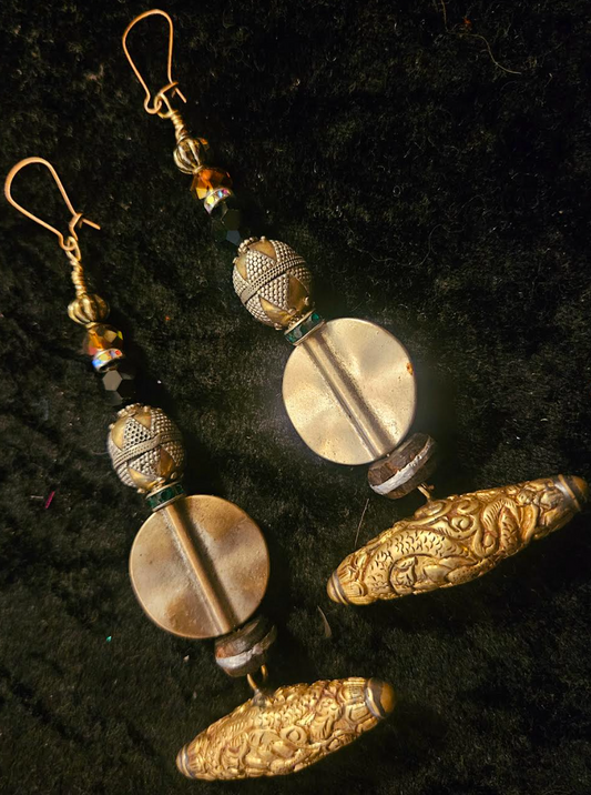 Tibetan Brass Repousse Mixed Metal XL Dangle Pierced Earrings - Exotic Gold & Silver Ethnic Beaded Shoulder Duster Earrings - Kat Kouture Jewelry