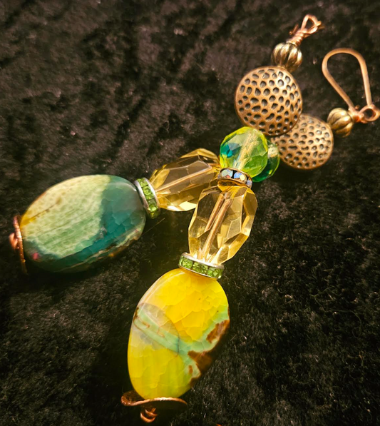 Green & Yellow Gemstone Dangle Pierced Earrings - Summer Earlobe Candy from Kat Kouture Jewelry - Boho Couture Shoulder Dusters