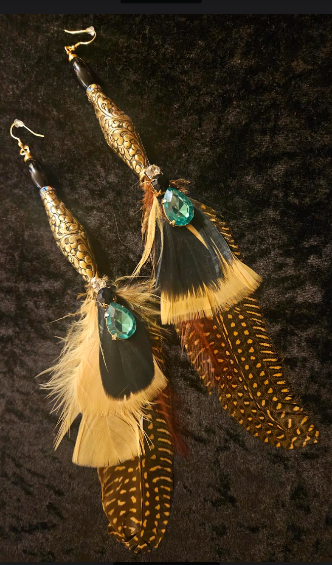 Tibetan Repousse Brass & Feather Shoulder Duster Pierced Earrings - Boho Couture Long Avant Garde Earrings - Kat Kouture Jewelry