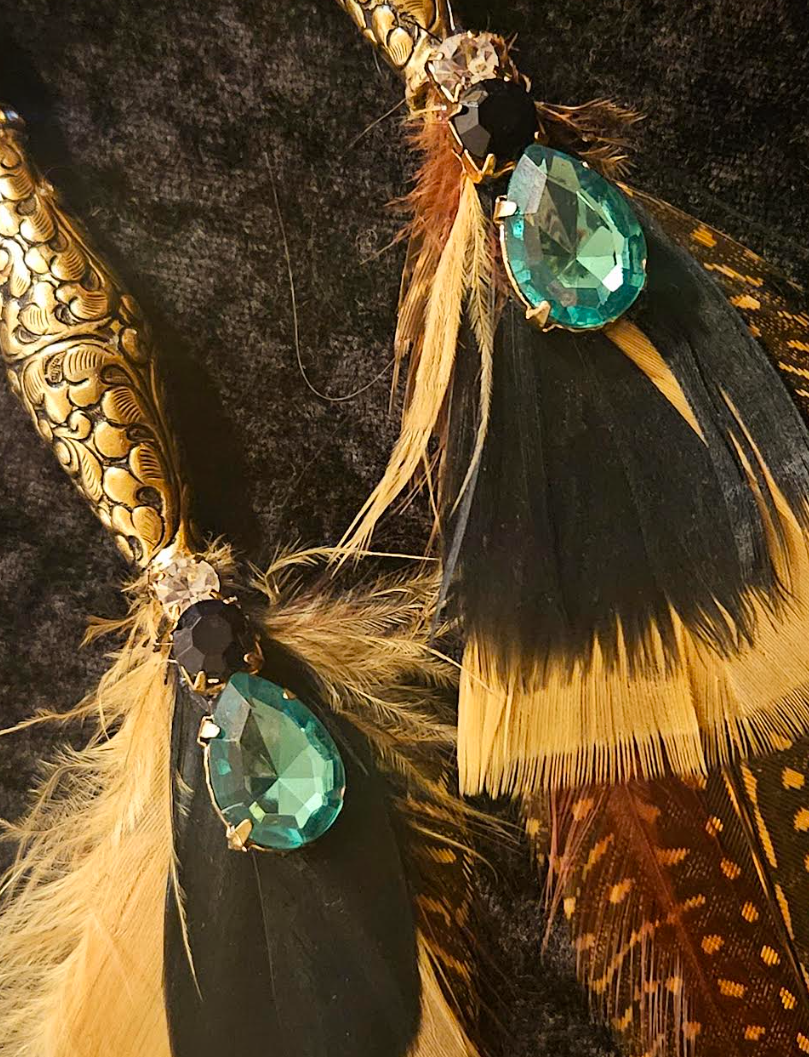 Tibetan Repousse Brass & Feather Shoulder Duster Pierced Earrings - Boho Couture Long Avant Garde Earrings - Kat Kouture Jewelry