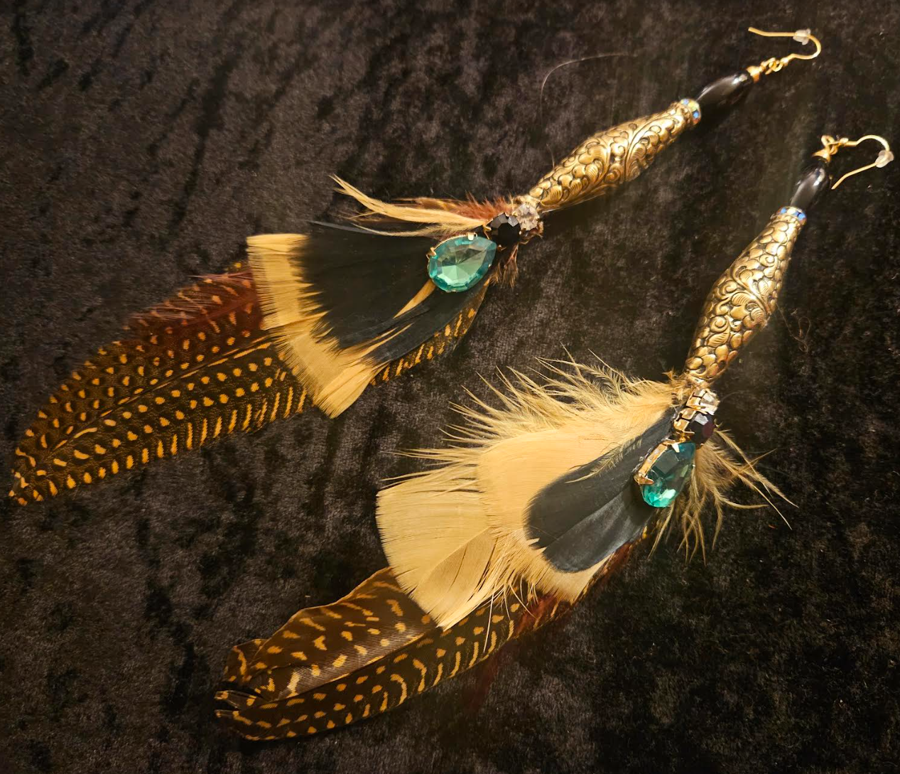 Tibetan Repousse Brass & Feather Shoulder Duster Pierced Earrings - Boho Couture Long Avant Garde Earrings - Kat Kouture Jewelry