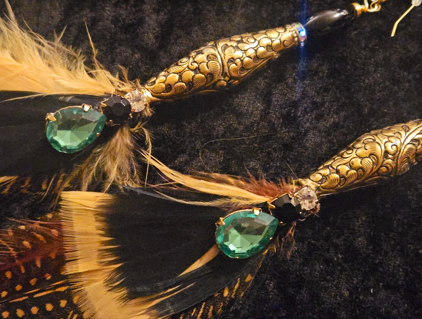 Tibetan Repousse Brass & Feather Shoulder Duster Pierced Earrings - Boho Couture Long Avant Garde Earrings - Kat Kouture Jewelry