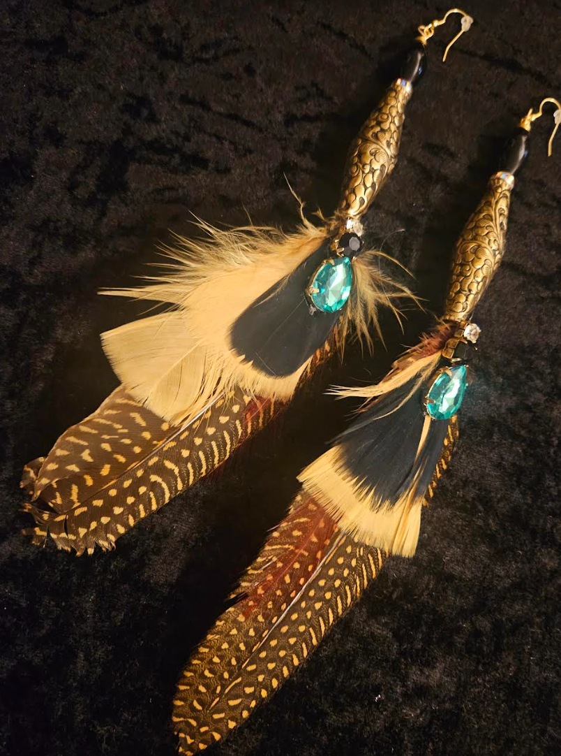 Tibetan Repousse Brass & Feather Shoulder Duster Pierced Earrings - Boho Couture Long Avant Garde Earrings - Kat Kouture Jewelry