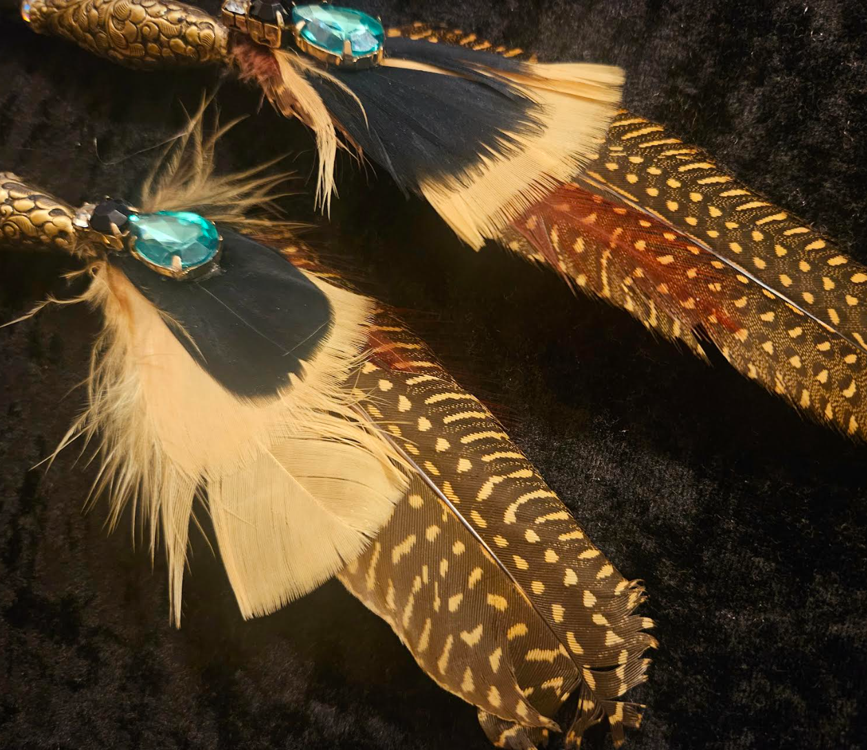 Tibetan Repousse Brass & Feather Shoulder Duster Pierced Earrings - Boho Couture Long Avant Garde Earrings - Kat Kouture Jewelry