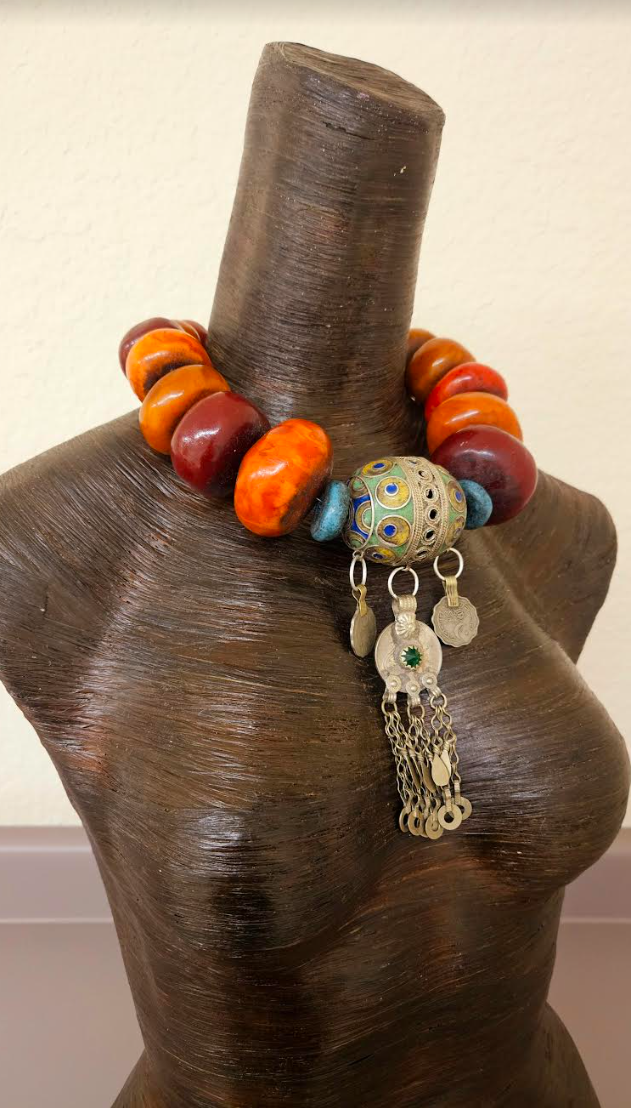 Lavish Oversized Moroccan Beaded Tribal Necklace with Berber Egg Pendant - High End African Ethnic Beaded Choker - Kat Kouture Jewelry - Waziri Kuchi Turkman Yemen