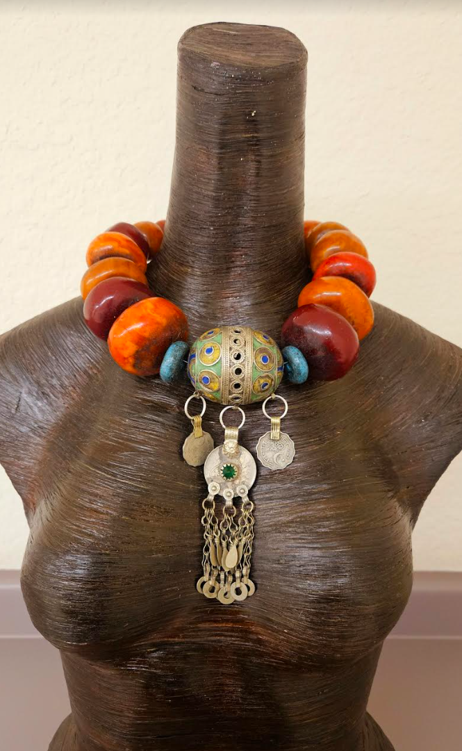 Lavish Oversized Moroccan Beaded Tribal Necklace with Berber Egg Pendant - High End African Ethnic Beaded Choker - Kat Kouture Jewelry - Waziri Kuchi Turkman Yemen