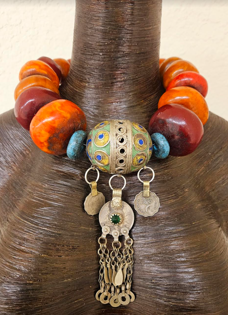 Lavish Oversized Moroccan Beaded Tribal Necklace with Berber Egg Pendant - High End African Ethnic Beaded Choker - Kat Kouture Jewelry - Waziri Kuchi Turkman Yemen