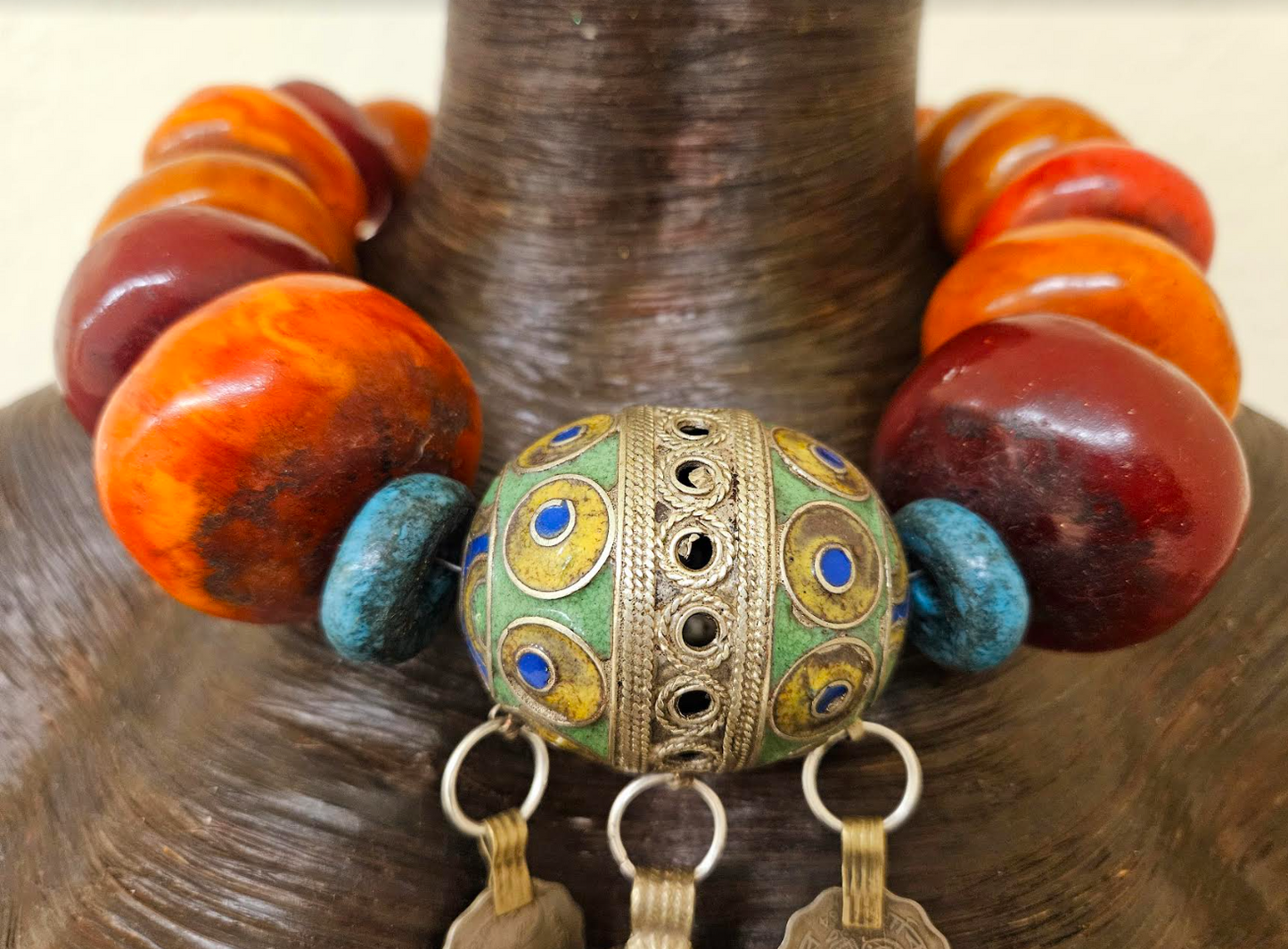 Lavish Oversized Moroccan Beaded Tribal Necklace with Berber Egg Pendant - High End African Ethnic Beaded Choker - Kat Kouture Jewelry - Waziri Kuchi Turkman Yemen