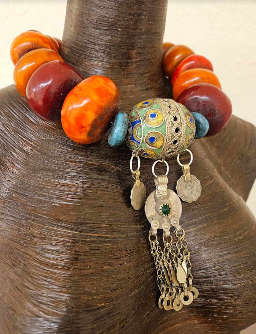 Lavish Oversized Moroccan Beaded Tribal Necklace with Berber Egg Pendant - High End African Ethnic Beaded Choker - Kat Kouture Jewelry - Waziri Kuchi Turkman Yemen