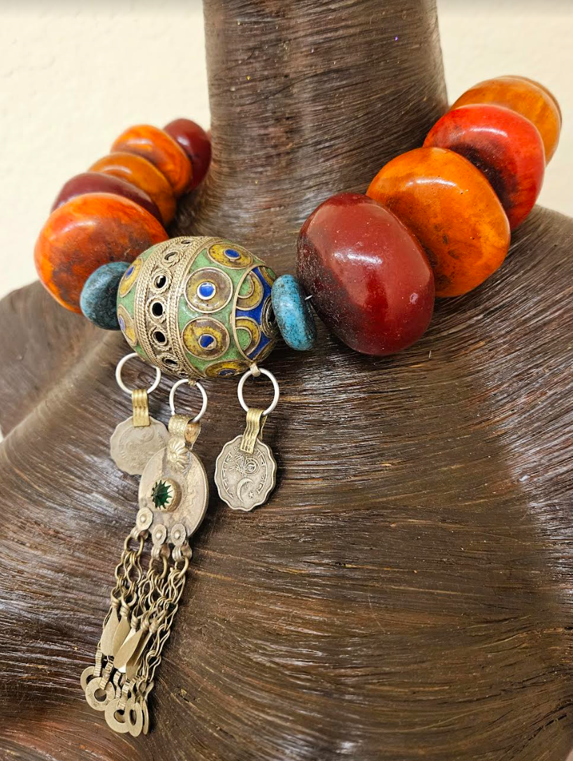 Lavish Oversized Moroccan Beaded Tribal Necklace with Berber Egg Pendant - High End African Ethnic Beaded Choker - Kat Kouture Jewelry - Waziri Kuchi Turkman Yemen