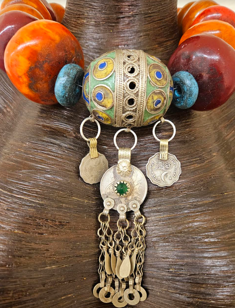 Lavish Oversized Moroccan Beaded Tribal Necklace with Berber Egg Pendant - High End African Ethnic Beaded Choker - Kat Kouture Jewelry - Waziri Kuchi Turkman Yemen