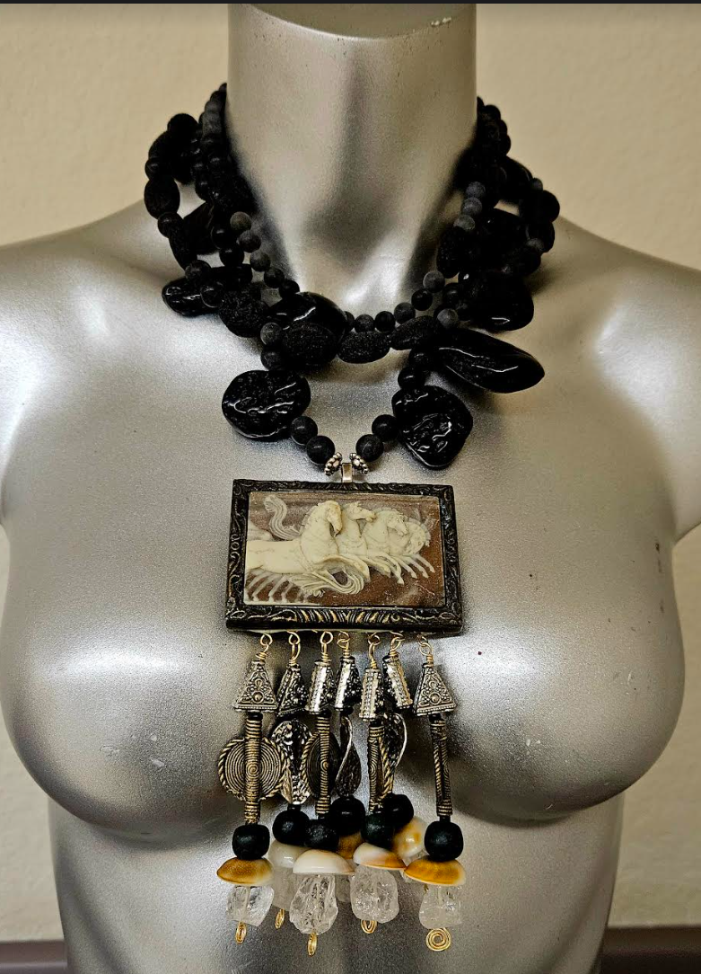 Incolay Wild Stallion Beaded Dangle Chest Piece - OOAK Wearable Art Tribal Jewelry - Black Lava Statement Necklace - Kat Kouture Jewelry