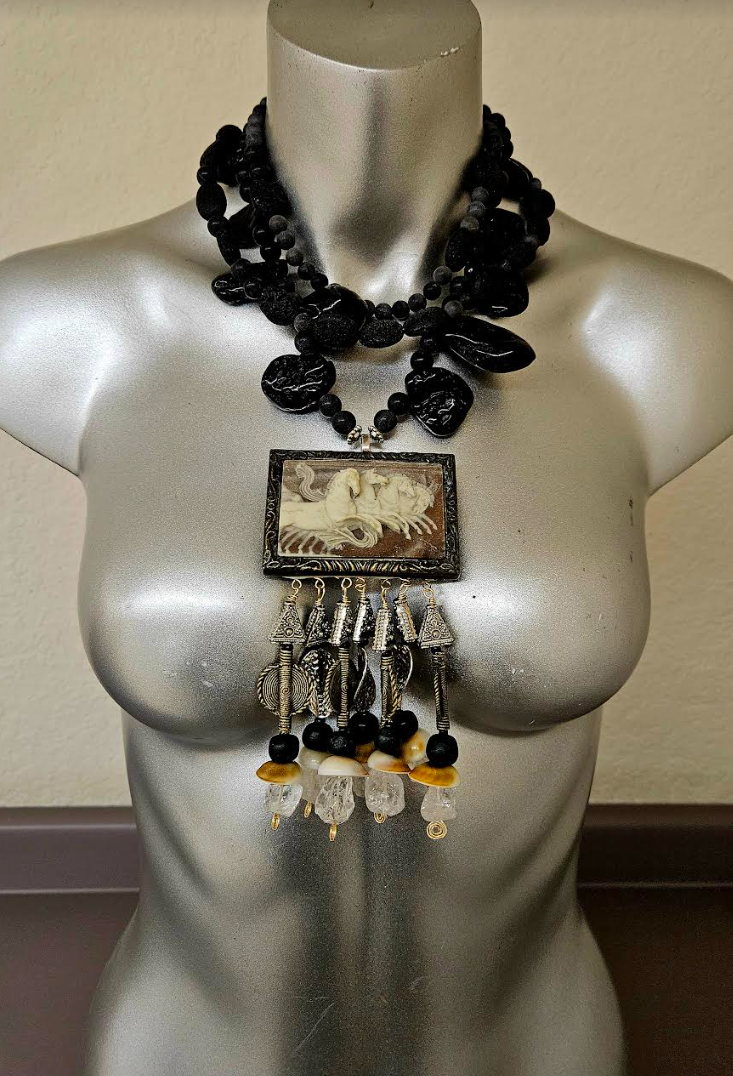 Incolay Wild Stallion Beaded Dangle Chest Piece - OOAK Wearable Art Tribal Jewelry - Black Lava Statement Necklace - Kat Kouture Jewelry