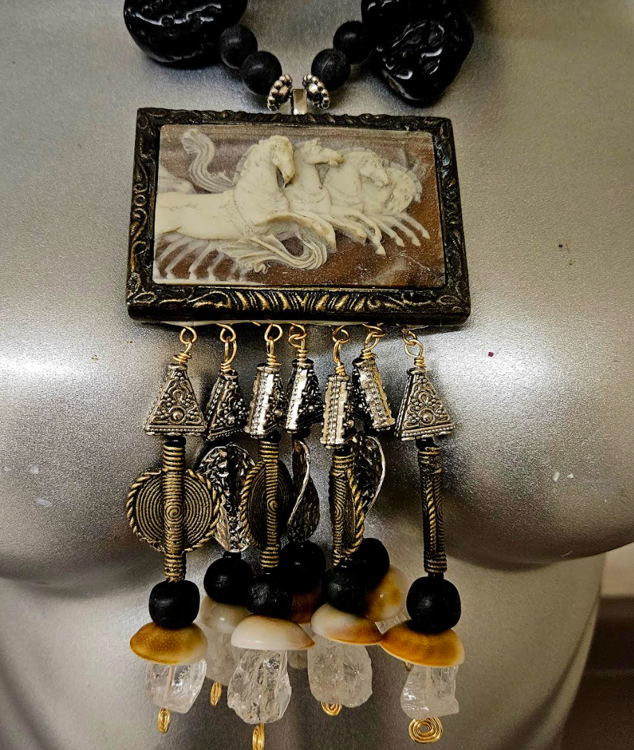 Incolay Wild Stallion Beaded Dangle Chest Piece - OOAK Wearable Art Tribal Jewelry - Black Lava Statement Necklace - Kat Kouture Jewelry