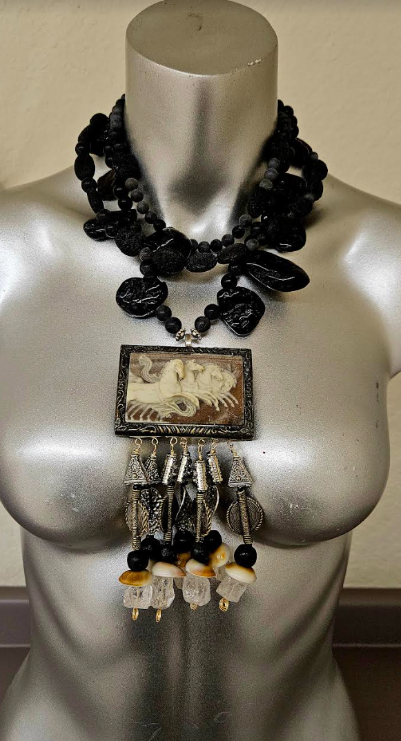 Incolay Wild Stallion Beaded Dangle Chest Piece - OOAK Wearable Art Tribal Jewelry - Black Lava Statement Necklace - Kat Kouture Jewelry