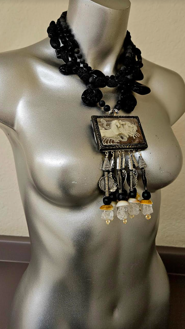 Incolay Wild Stallion Beaded Dangle Chest Piece - OOAK Wearable Art Tribal Jewelry - Black Lava Statement Necklace - Kat Kouture Jewelry