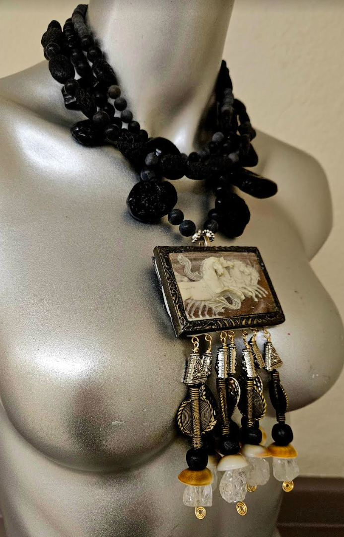 Incolay Wild Stallion Beaded Dangle Chest Piece - OOAK Wearable Art Tribal Jewelry - Black Lava Statement Necklace - Kat Kouture Jewelry