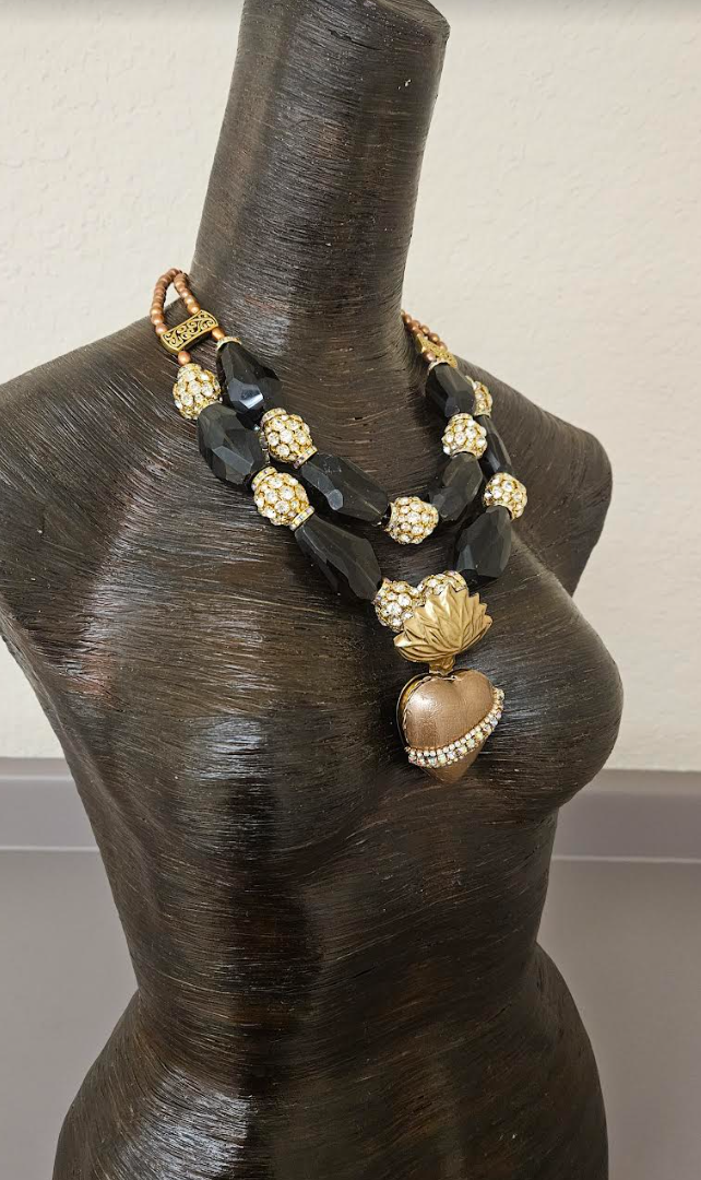 Huge Smoky Quartz Rhinestone Ball & Pearl Statement Necklace - Rhinestone Milagros Heart Pendant Chest Piece - OOAK Wearable Art from Kat Kouture - Brown Gold Silver and Copper Neck Candy