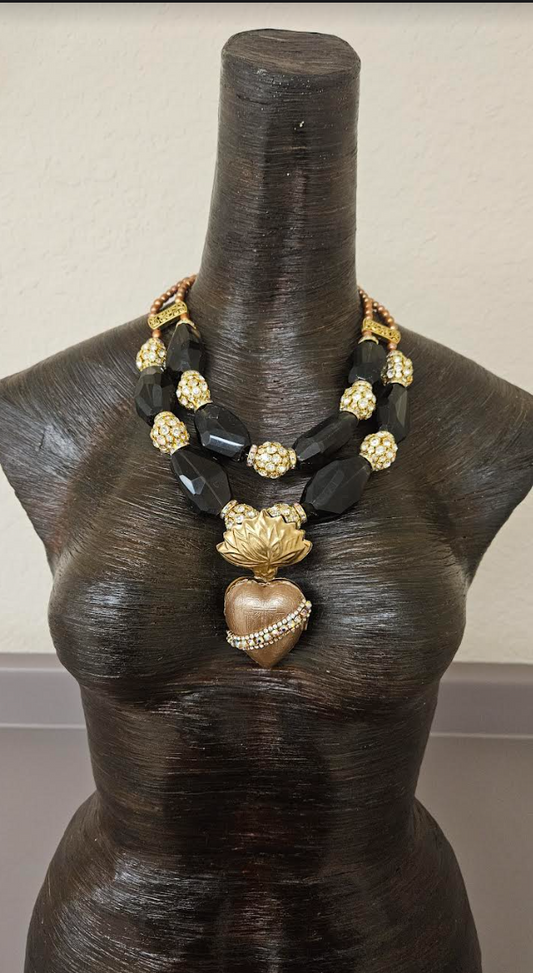 Huge Smoky Quartz Rhinestone Ball & Pearl Statement Necklace - Rhinestone Milagros Heart Pendant Chest Piece - OOAK Wearable Art from Kat Kouture - Brown Gold Silver and Copper Neck Candy