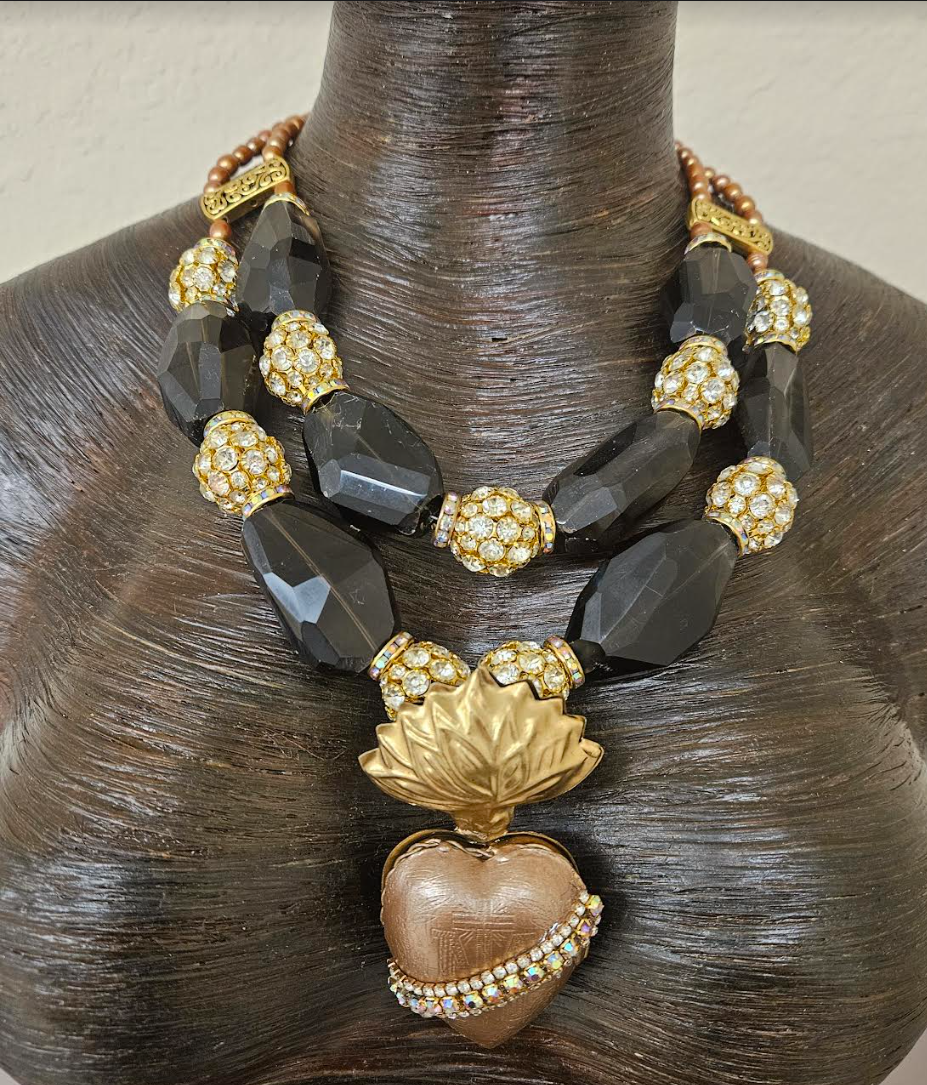 Huge Smoky Quartz Rhinestone Ball & Pearl Statement Necklace - Rhinestone Milagros Heart Pendant Chest Piece - OOAK Wearable Art from Kat Kouture - Brown Gold Silver and Copper Neck Candy