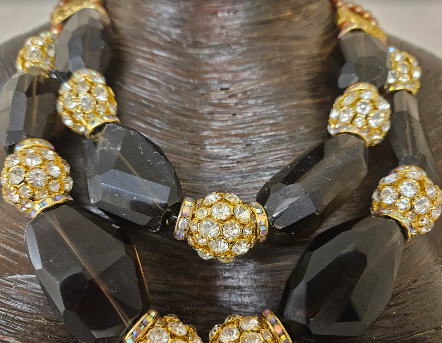 Huge Smoky Quartz Rhinestone Ball & Pearl Statement Necklace - Rhinestone Milagros Heart Pendant Chest Piece - OOAK Wearable Art from Kat Kouture - Brown Gold Silver and Copper Neck Candy