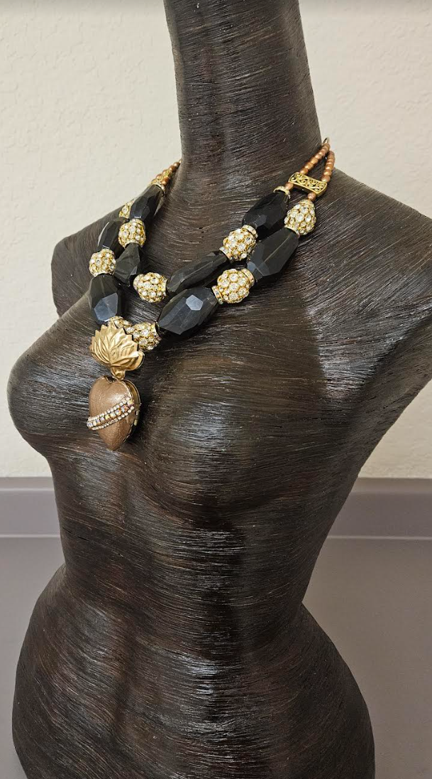 Huge Smoky Quartz Rhinestone Ball & Pearl Statement Necklace - Rhinestone Milagros Heart Pendant Chest Piece - OOAK Wearable Art from Kat Kouture - Brown Gold Silver and Copper Neck Candy