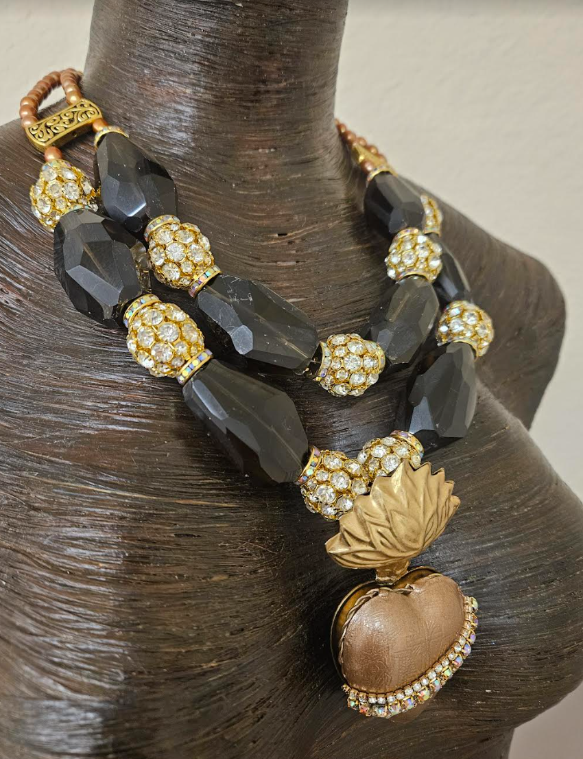 Huge Smoky Quartz Rhinestone Ball & Pearl Statement Necklace - Rhinestone Milagros Heart Pendant Chest Piece - OOAK Wearable Art from Kat Kouture - Brown Gold Silver and Copper Neck Candy