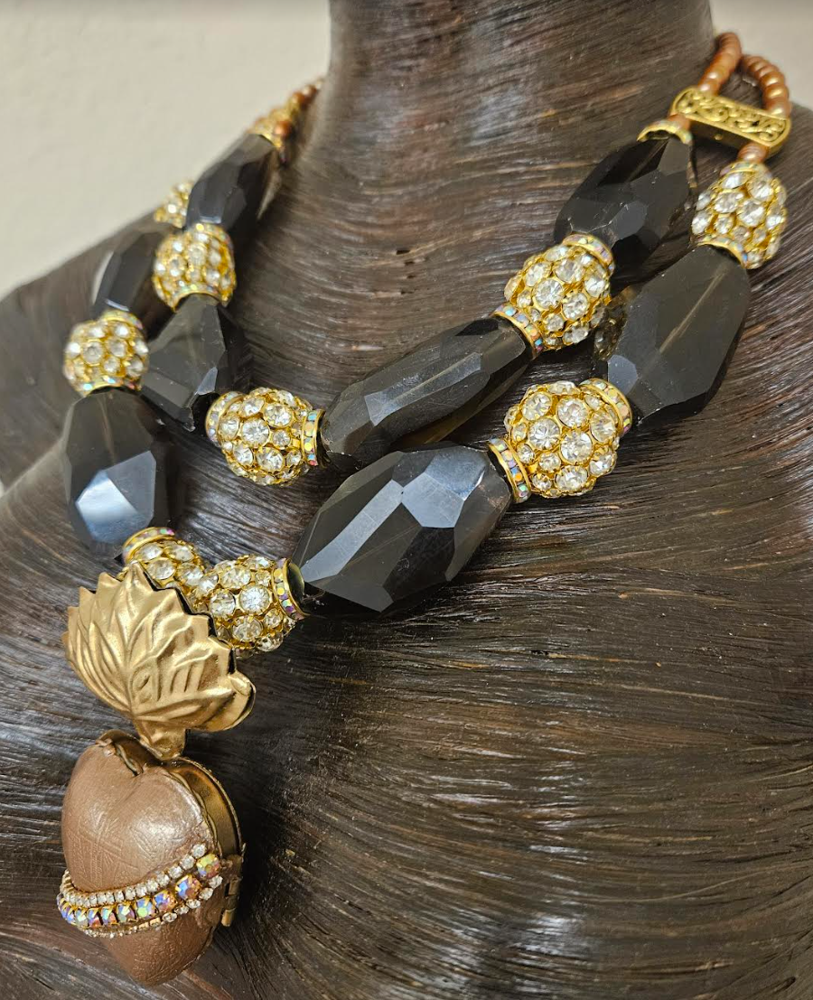 Huge Smoky Quartz Rhinestone Ball & Pearl Statement Necklace - Rhinestone Milagros Heart Pendant Chest Piece - OOAK Wearable Art from Kat Kouture - Brown Gold Silver and Copper Neck Candy