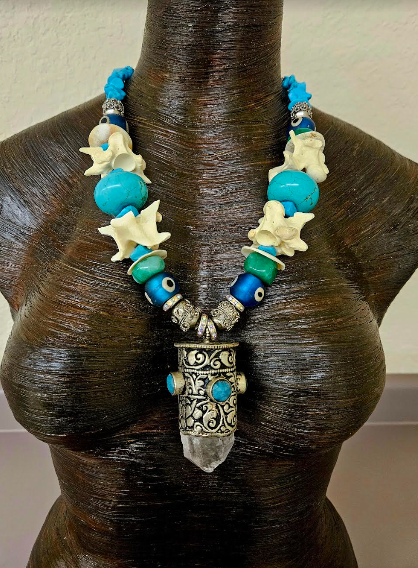 Snake Vertabrae & Magnesite Rondelle Statement Necklace - Tibetan Repousse Crystal Unisex Pendant - Avant Garde Python Spine Chest Piece - Kat Kouture Wearable Art Jewelry