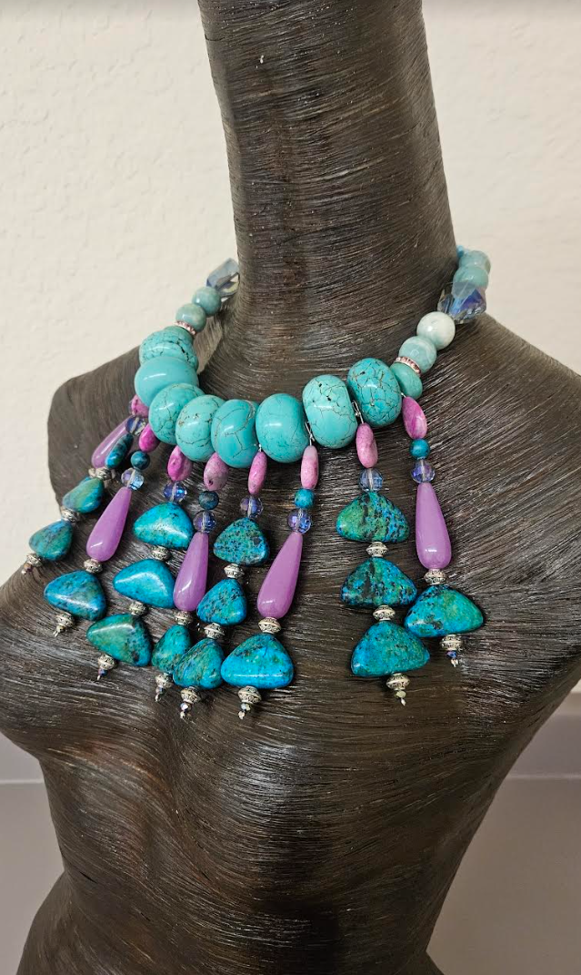 Turquoise Blue Magnesite Rondelle Statement Necklace with Beaded Dangles - Mother of the Bride Chest Piece - Bold Chunky & Heavy Jewel Tone Neck Candy - Kat Kouture Jewelry