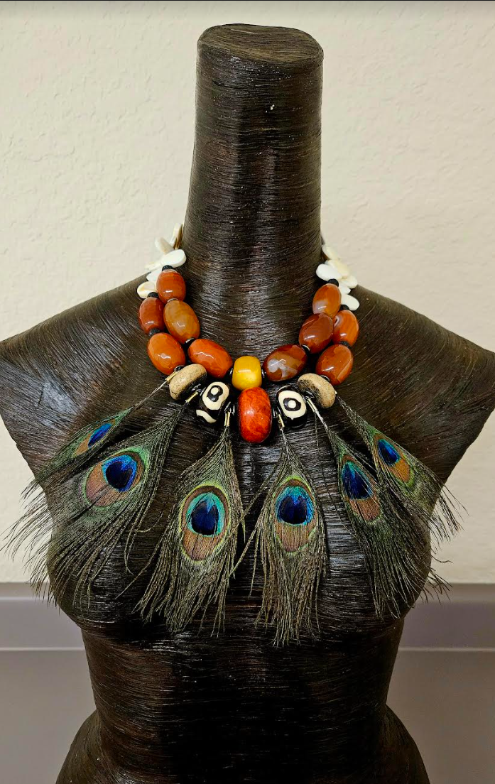 Oversized Beaded Tribal Statement Necklace with Peacock Feathers - Exotic Ethnic Agate MOP & Resin Multi Strand Choker - Kat Kouture Jewelry - Glamazon Chest Piece