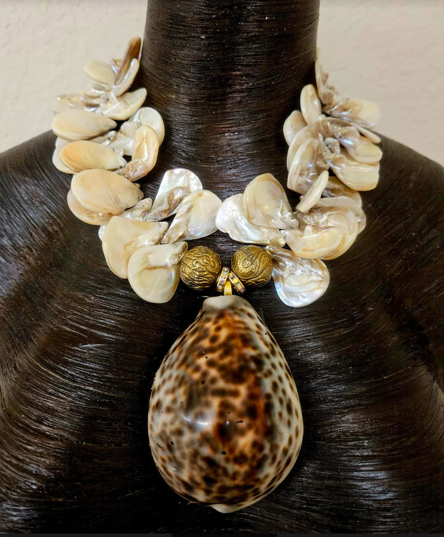 Cowrie Shell & Mother of Pearl Summer Statement Necklace - Beige Abalone Shell Neck Candy - Kat Kouture Jewelry - Cruise Attire