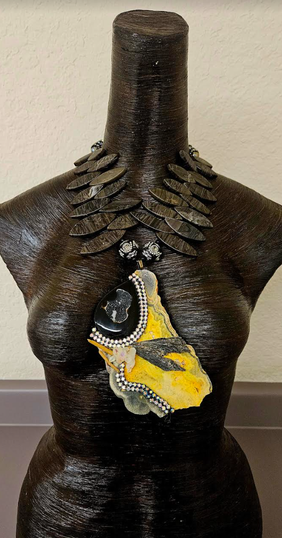 Bejeweled Bumble Bee Jasper Slab Artisan Pendant - Black Jasper Pointed Oval Statement Necklace - Mixed Gemstone Artisan Couture Chest Piece - Kat Kouture Jewelry
