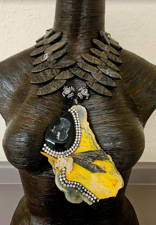 Bejeweled Bumble Bee Jasper Slab Artisan Pendant - Black Jasper Pointed Oval Statement Necklace - Mixed Gemstone Artisan Couture Chest Piece - Kat Kouture Jewelry