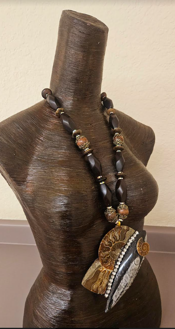 Earthy Ammonite & Orthoceras Fossil Bold Statement Pendant - Bold Chunky and Oversized Wood Bead Necklace - Unisex Prehistoric Fossil Chest Piece - Kat Kouture Jewelry