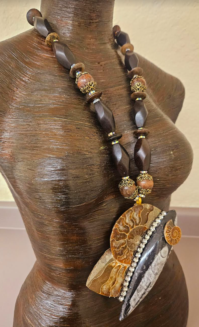 Earthy Ammonite & Orthoceras Fossil Bold Statement Pendant - Bold Chunky and Oversized Wood Bead Necklace - Unisex Prehistoric Fossil Chest Piece - Kat Kouture Jewelry