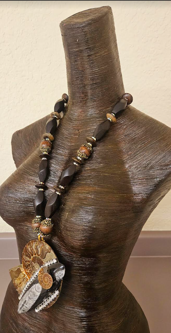 Earthy Ammonite & Orthoceras Fossil Bold Statement Pendant - Bold Chunky and Oversized Wood Bead Necklace - Unisex Prehistoric Fossil Chest Piece - Kat Kouture Jewelry