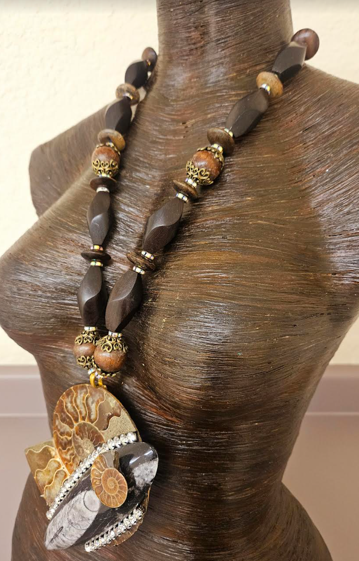 Earthy Ammonite & Orthoceras Fossil Bold Statement Pendant - Bold Chunky and Oversized Wood Bead Necklace - Unisex Prehistoric Fossil Chest Piece - Kat Kouture Jewelry