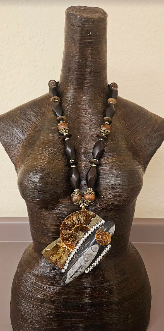 Earthy Ammonite & Orthoceras Fossil Bold Statement Pendant - Bold Chunky and Oversized Wood Bead Necklace - Unisex Prehistoric Fossil Chest Piece - Kat Kouture Jewelry