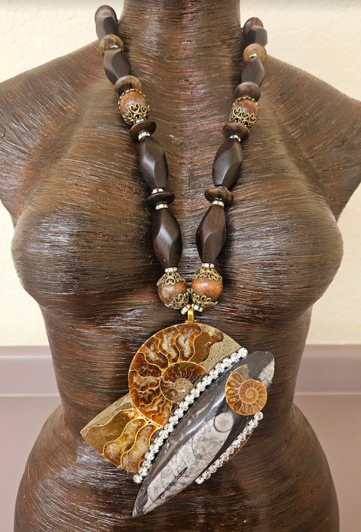 Earthy Ammonite & Orthoceras Fossil Bold Statement Pendant - Bold Chunky and Oversized Wood Bead Necklace - Unisex Prehistoric Fossil Chest Piece - Kat Kouture Jewelry