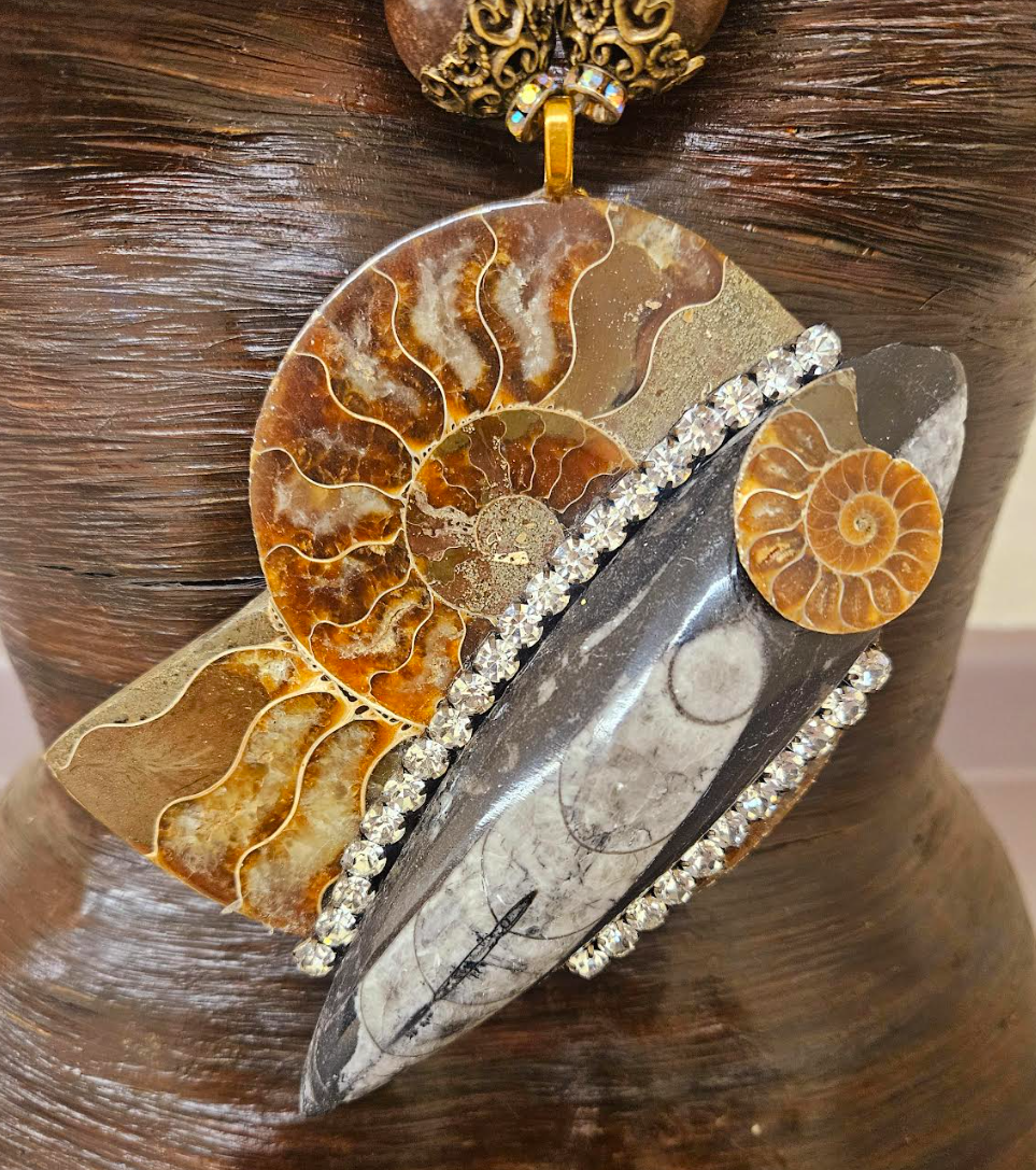 Earthy Ammonite & Orthoceras Fossil Bold Statement Pendant - Bold Chunky and Oversized Wood Bead Necklace - Unisex Prehistoric Fossil Chest Piece - Kat Kouture Jewelry