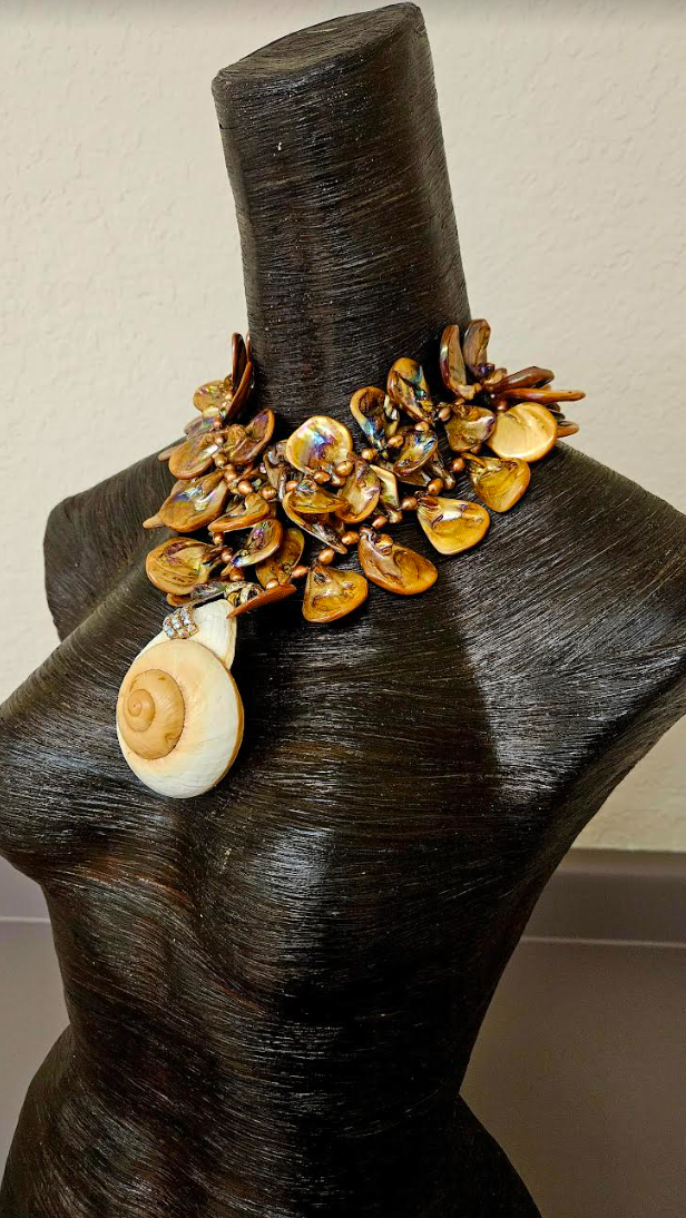 Bronze Mother of Pearl & Freshwater Pearl Statement Necklace - Citrine Accented Shell Pendant - Haute Couture Artisan Copper Abalone Summer Neck Candy - Kat Kouture Jewelry