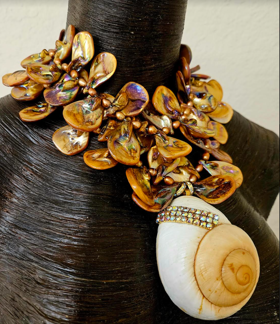 Bronze Mother of Pearl & Freshwater Pearl Statement Necklace - Citrine Accented Shell Pendant - Haute Couture Artisan Copper Abalone Summer Neck Candy - Kat Kouture Jewelry